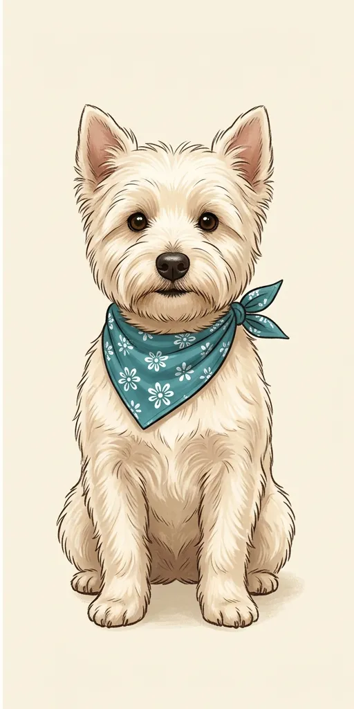 drawing of the same cream terrier with a clean, brushed and trimmed coat and a teal bandana after grooming