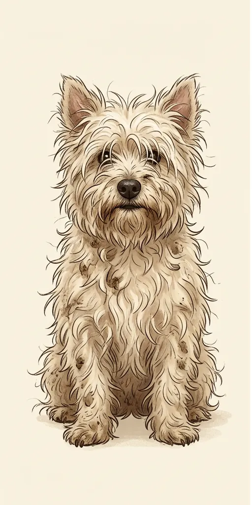 drawing of a cream terrier with a tangled, matted coat before grooming